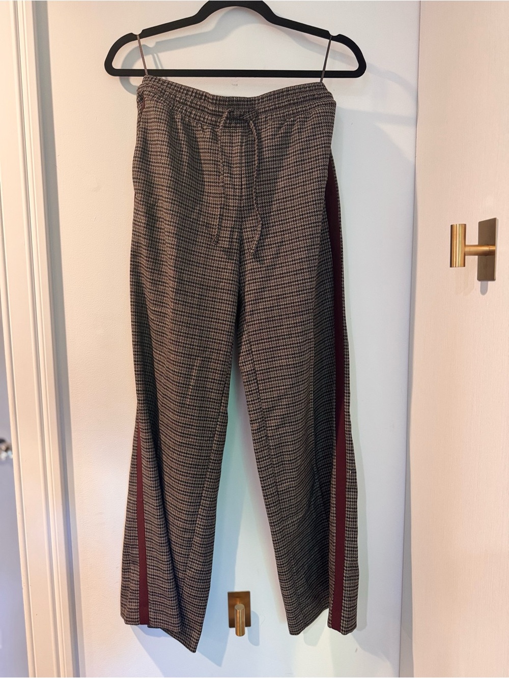 Brown Check Drawstring Midrise Straight cut Pants with Maroon Side Stripe NWT